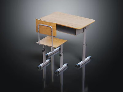 Modern Wooden Student Desk And Chair With Adjustable Metal Frame For Study Room 3d model