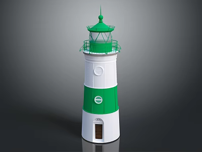 Green And White Lighthouse Tower With Striped Body Green Top And Base Door Design 3d model