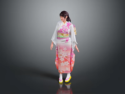 Traditional Japanese Kimono With Cherry Blossom Print And Elegant Obi Belt Pink White 3d model