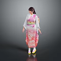 Traditional Japanese Kimono With Cherry Blossom Print And Elegant Obi Belt Pink White