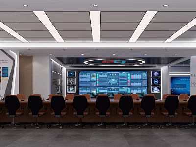 Modern Control Room Interior With Multiple Monitor Screens And Ergonomic Chairs 3d model