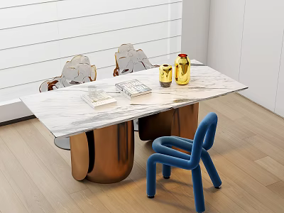 Modern Minimalist Dining Table Set With Marble Top Copper Legs And Blue Chair Vases Books 3d model