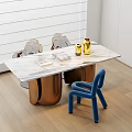 Modern Minimalist Dining Table Set With Marble Top Copper Legs And Blue Chair Vases Books