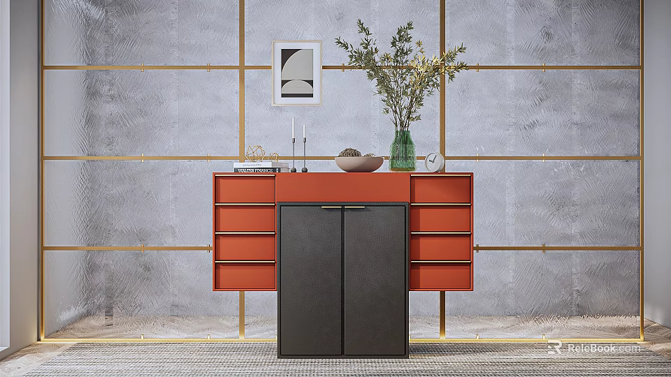 Orange Sideboard with Drawers Featuring Vase Plants Gray Wall Gold Lines and Wall Art 3d model 