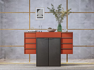 Orange Sideboard with Drawers Featuring Vase Plants Gray Wall Gold Lines and Wall Art 3d model