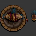 Mythical Character With Golden Armor Red Cape Blue Accents And Red Scepter With Golden Top