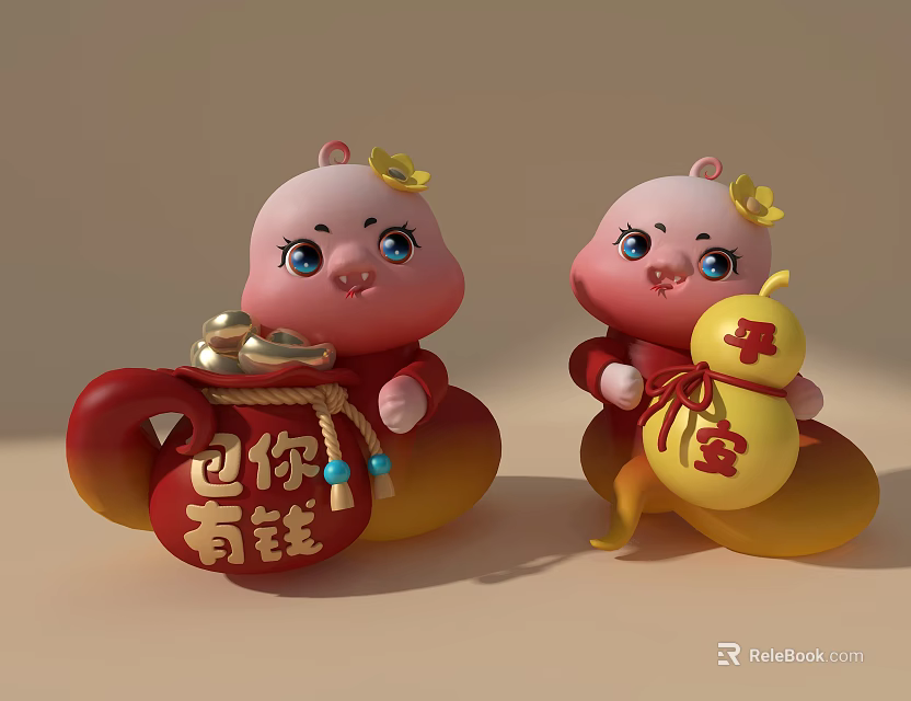 Cute Pink Pig Figurines Decorative Ornament Set with Red Bag Yellow Gourd and Flower Decorations 3d model 