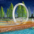 Circular Landscape Bridge with Starry Sky Background Green Trees and Water Surface 3d model