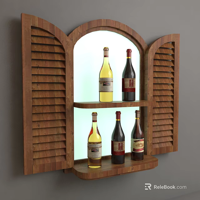 Wine Bottles Arranged On Wooden Arched Louvered Display Shelf For Home Bar 3d model 