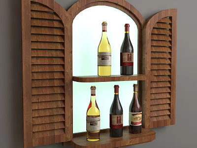 Wine Bottles Arranged On Wooden Arched Louvered Display Shelf For Home Bar 3d model