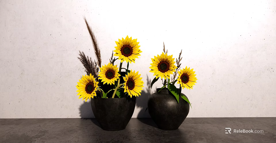 Black Vases with Sunflowers and Dried Grass on Gray Countertop White Wall 3d model 