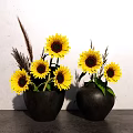 Black Vases with Sunflowers and Dried Grass on Gray Countertop White Wall