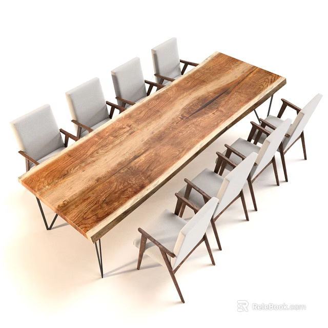 Modern Wooden Dining Table Set With Natural Grain Black Metal Legs And Light Upholstered Chairs 3d model 