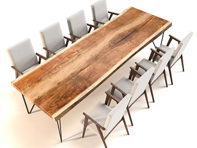 Modern Wooden Dining Table Set With Natural Grain Black Metal Legs And Light Upholstered Chairs 3d model