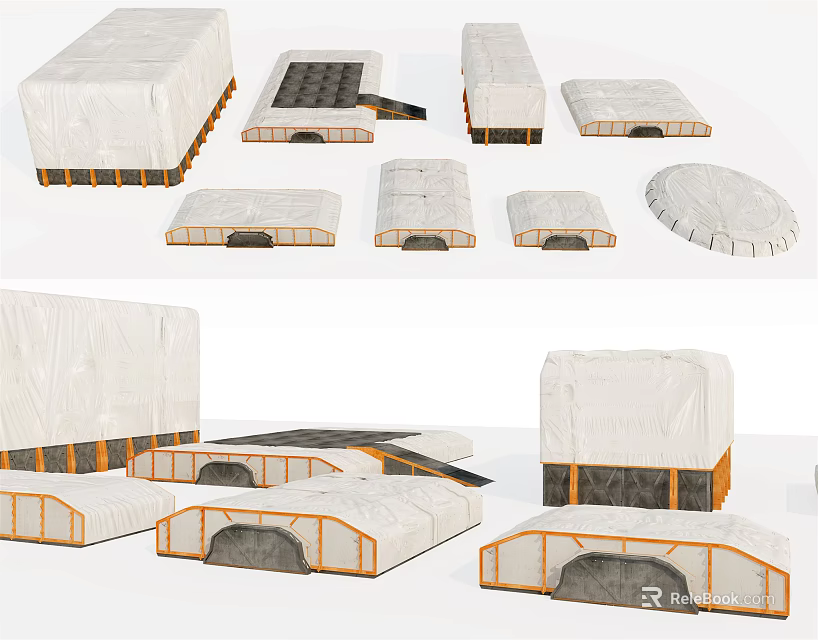 White Canvas Tents With Orange Frame And Various Curved Rectangular Shapes For Outdoor Use 3d model