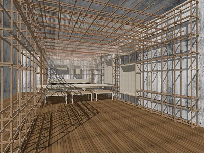 Interior Construction Framework With Wooden Scaffolding Concrete Walls And Wooden Floor 3d model