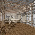 Interior Construction Framework With Wooden Scaffolding Concrete Walls And Wooden Floor