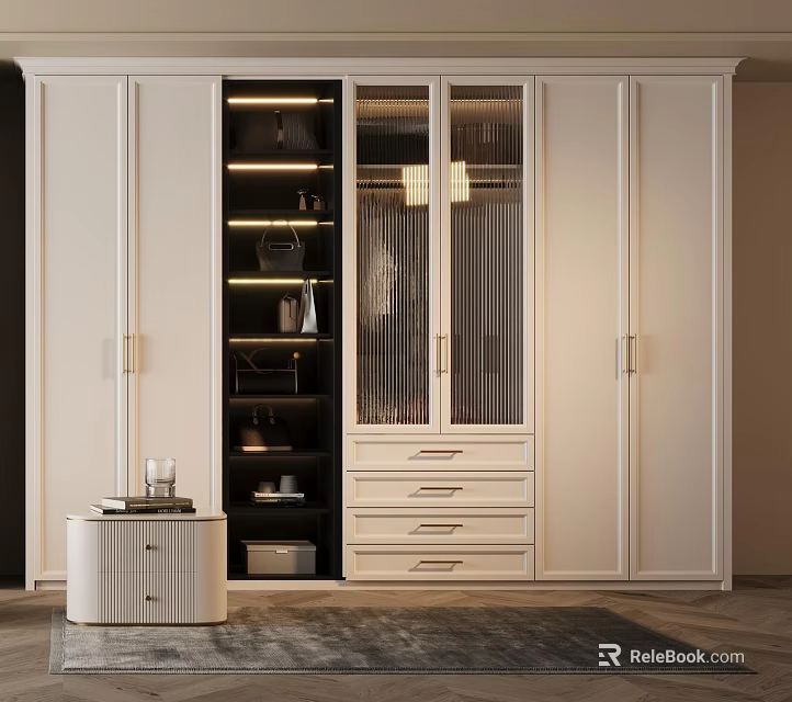 Modern White Wardrobe With Glass Panel Doors Drawers And Minimalist Design Elements 3d model 