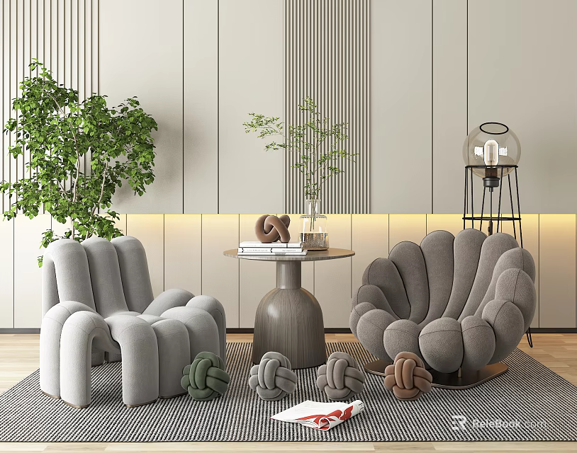 Gray Leisure Sofa Set With Curved Design Side Table Decorative Knots And Green Plants 3d model 