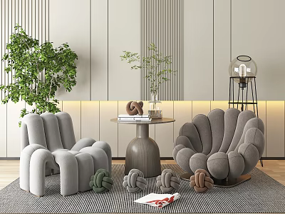 Gray Leisure Sofa Set With Curved Design Side Table Decorative Knots And Green Plants 3d model