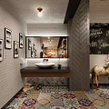 Vibrant Bar Interior Featuring Colorful Tiled Floor Pendant Lights Tables And Chairs