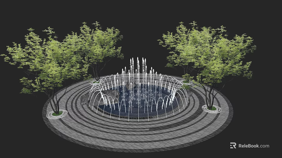 Circular Water Fountain With Multiple Water Jets And Surrounding Trees On Stone Pavement 3d model 