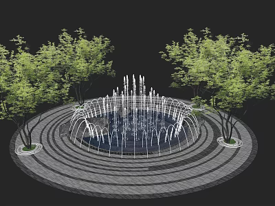 Circular Water Fountain With Multiple Water Jets And Surrounding Trees On Stone Pavement 3d model