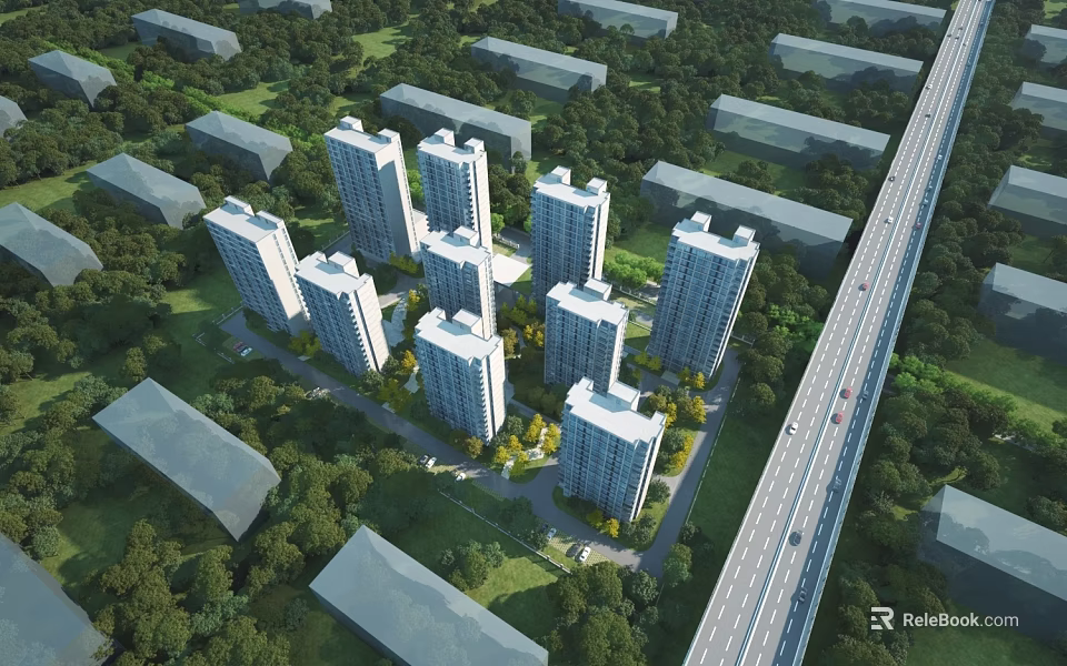 Aerial Planning of Residential Area with High Rise Buildings Greenery and Roads 3d model 