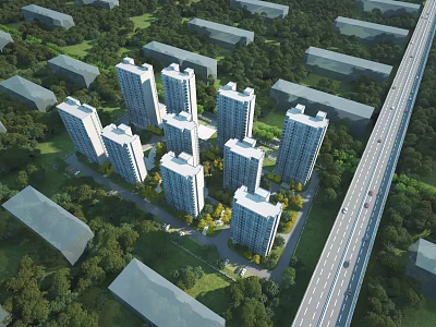 Aerial Planning of Residential Area with High Rise Buildings Greenery and Roads 3d model