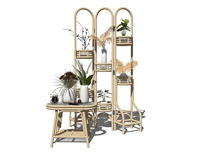Rattan Shelving Unit With Arched Design Multi Layer Storage And Decorative Plants 3d model