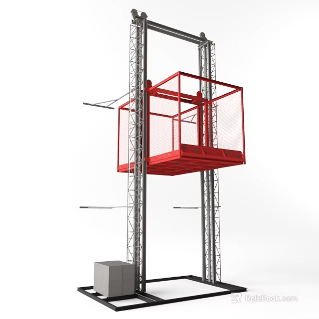 Red Industrial Lifting Platform With Metal Frame Safety Guardrails And Base Structure 3d model