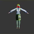 Woman With Blue Hair In White Long Sleeve Top And Yellow Suspenders Arms Outstretched