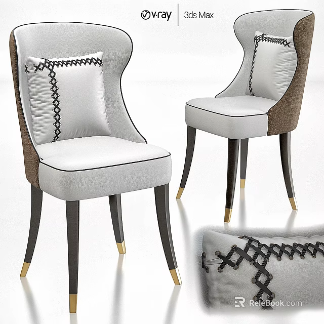 Elegant Modern Single Chair With White Leather Seat Black Stitching And Gold Legs 3d model 