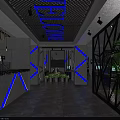 Modern Cyber Cafe Interior With Blue Lighting Black Metal Partition Computers Tables And Green Plants