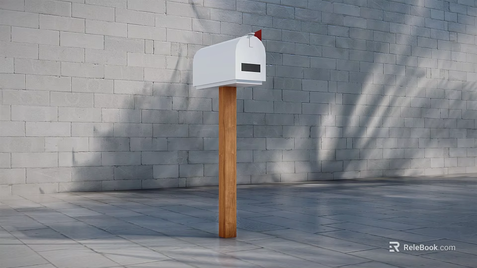 Commercial Equipment White Mailbox Mounted On Wooden Post Against Gray Brick Wall 3d model 