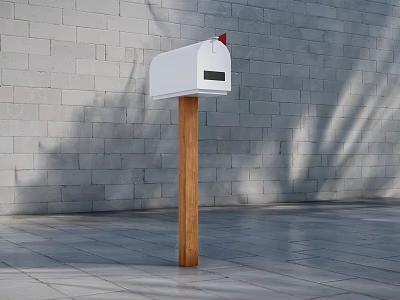 Commercial Equipment White Mailbox Mounted On Wooden Post Against Gray Brick Wall 3d model