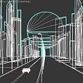 Neon Lit Car On Urban Road With Tall Buildings And Orange Sunset Sky