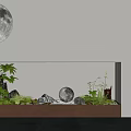 Serene Indoor Landscape With Moon Painting Green Plants Round Stones And Wooden Lattice
