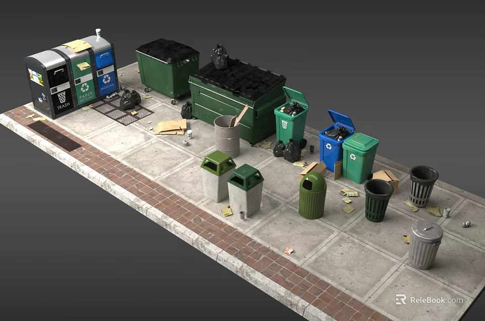 Scattered Public Trash Bins in Different Colors on Sidewalk with Overflowing Garbage 3d model 