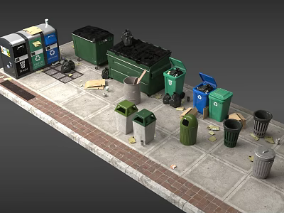 Scattered Public Trash Bins in Different Colors on Sidewalk with Overflowing Garbage 3d model