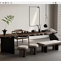 Natural Wooden Tea Table And Chairs With Tea Set Potted Fern Stone Decoration And Mirror
