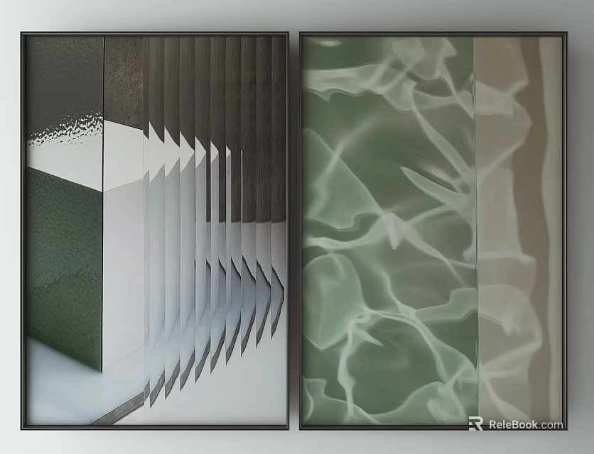 Modern Abstract Wall Art With Geometric Patterns And Green Textured Prints In Black Frames 3d model