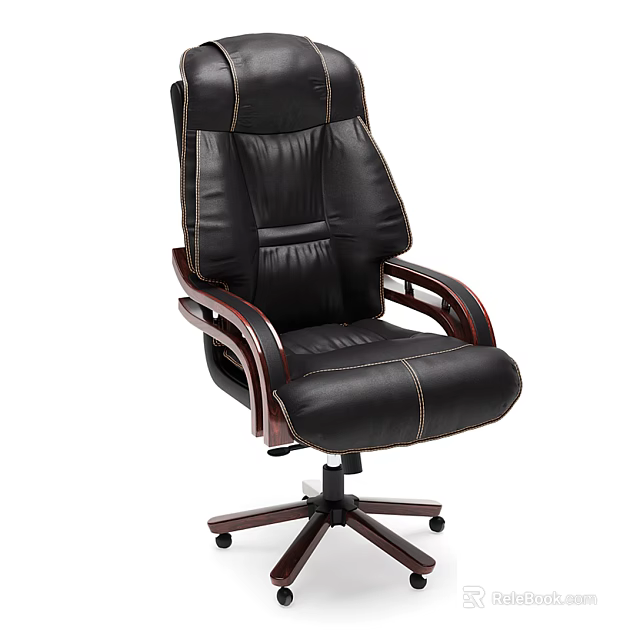 Black Leather Office Chair with High Back Wooden Armrests and Five Wheel Base 3d model 