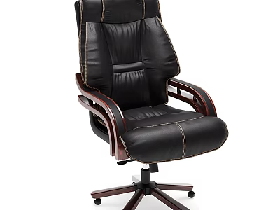 Black Leather Office Chair with High Back Wooden Armrests and Five Wheel Base 3d model