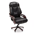 Black Leather Office Chair with High Back Wooden Armrests and Five Wheel Base