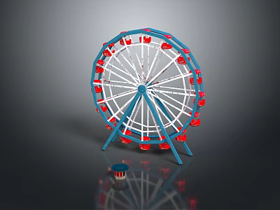 Blue And Red Ferris Wheel Model With White Metal Spokes And Small Control Cabin 3d model