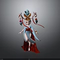 3D Traditional Character Model With Blue Top Red Skirt Decorative Headpiece And Flowing Ribbons