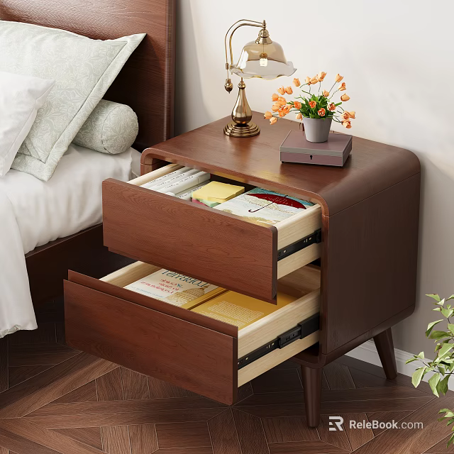 Wooden Nightstand With Open Drawers Containing Books And Table Lamp With Flower Pot 3d model 