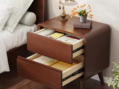 Wooden Nightstand With Open Drawers Containing Books And Table Lamp With Flower Pot 3d model