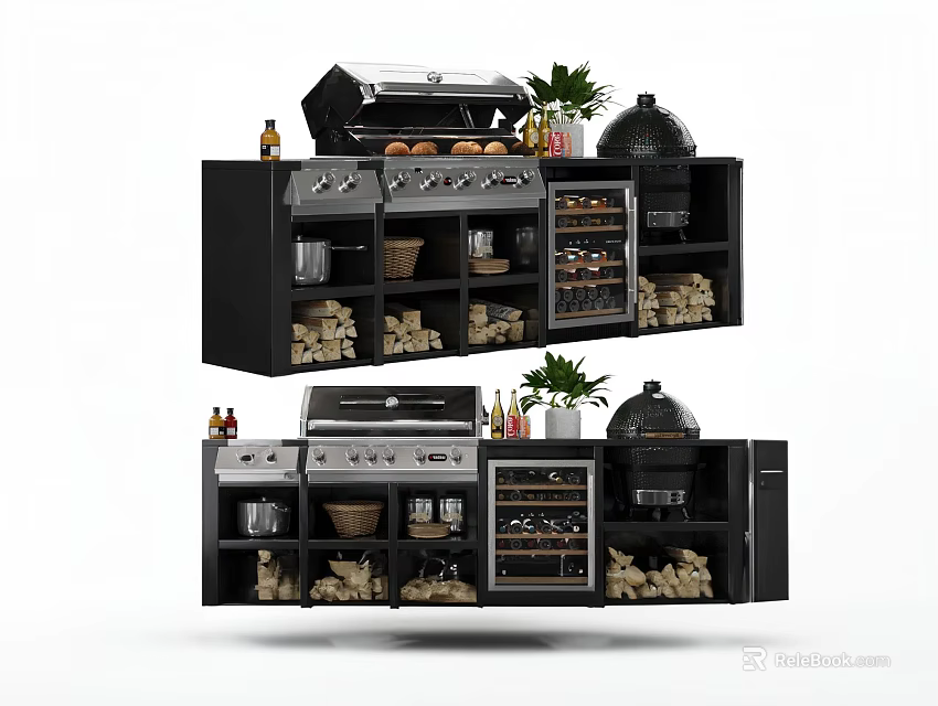 Modern Kitchen Interior Design With Grill Oven Wine Rack Pots Cabinets And Plants 3d model 